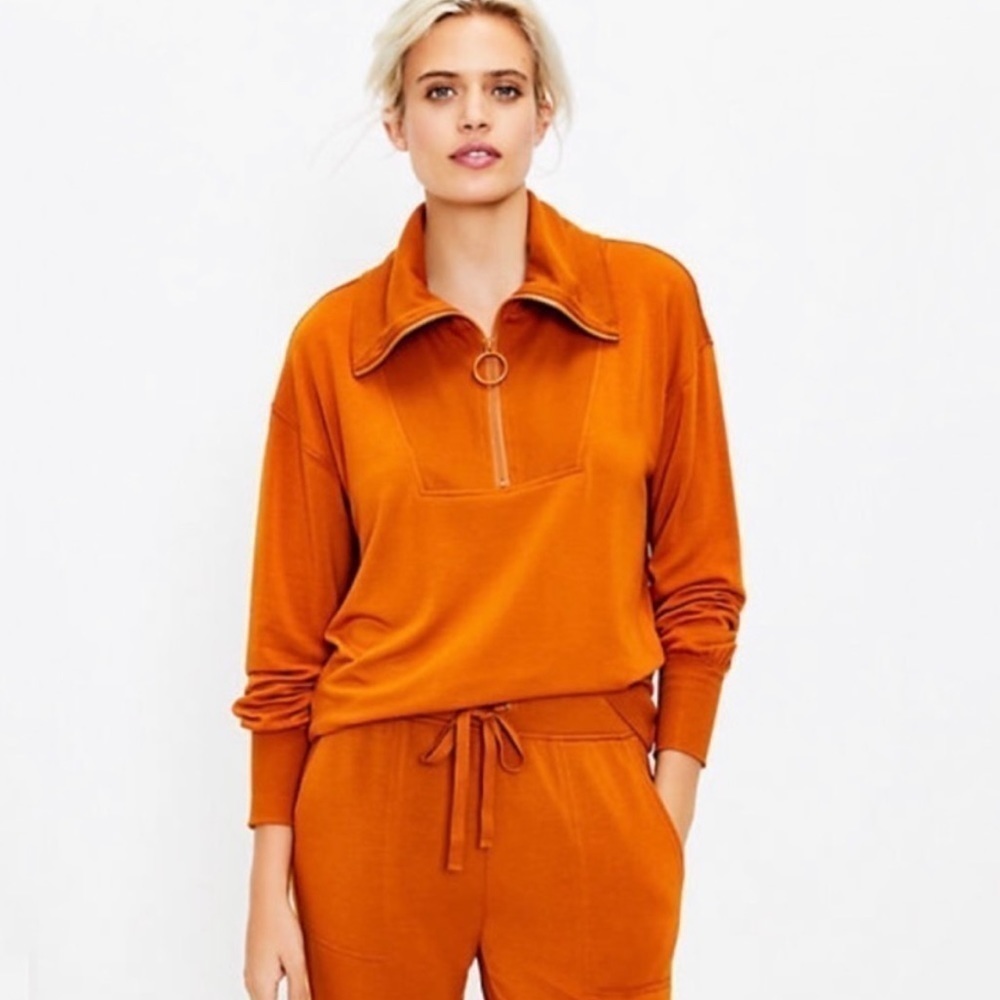NWT Lou & Grey Zip Rib Contrast 1/4 Zip Pullover Top in Orange